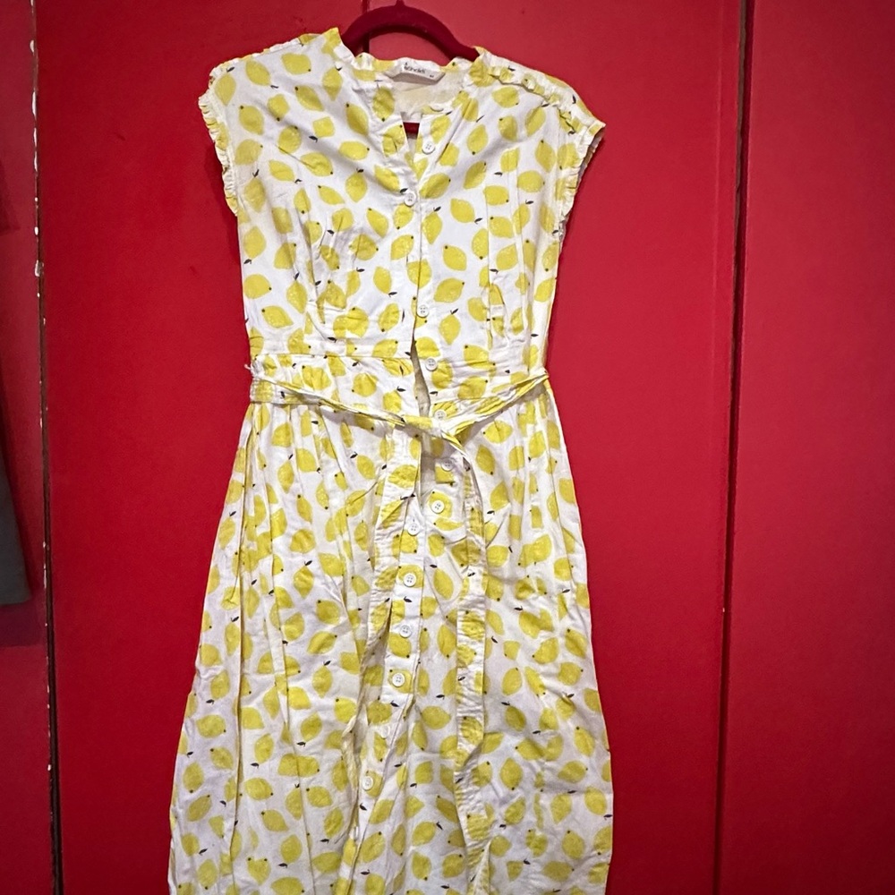eShakti Lemon Print Midi Dress Size 6/S Cotton Button Front Belted Cap Sleeve